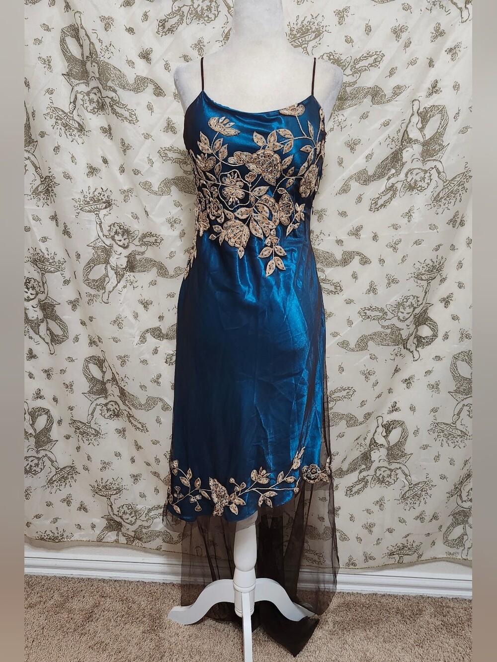 VTG Jë Matadi by Sean Mehta Teal Silk Beaded High-Low Gown Dress
